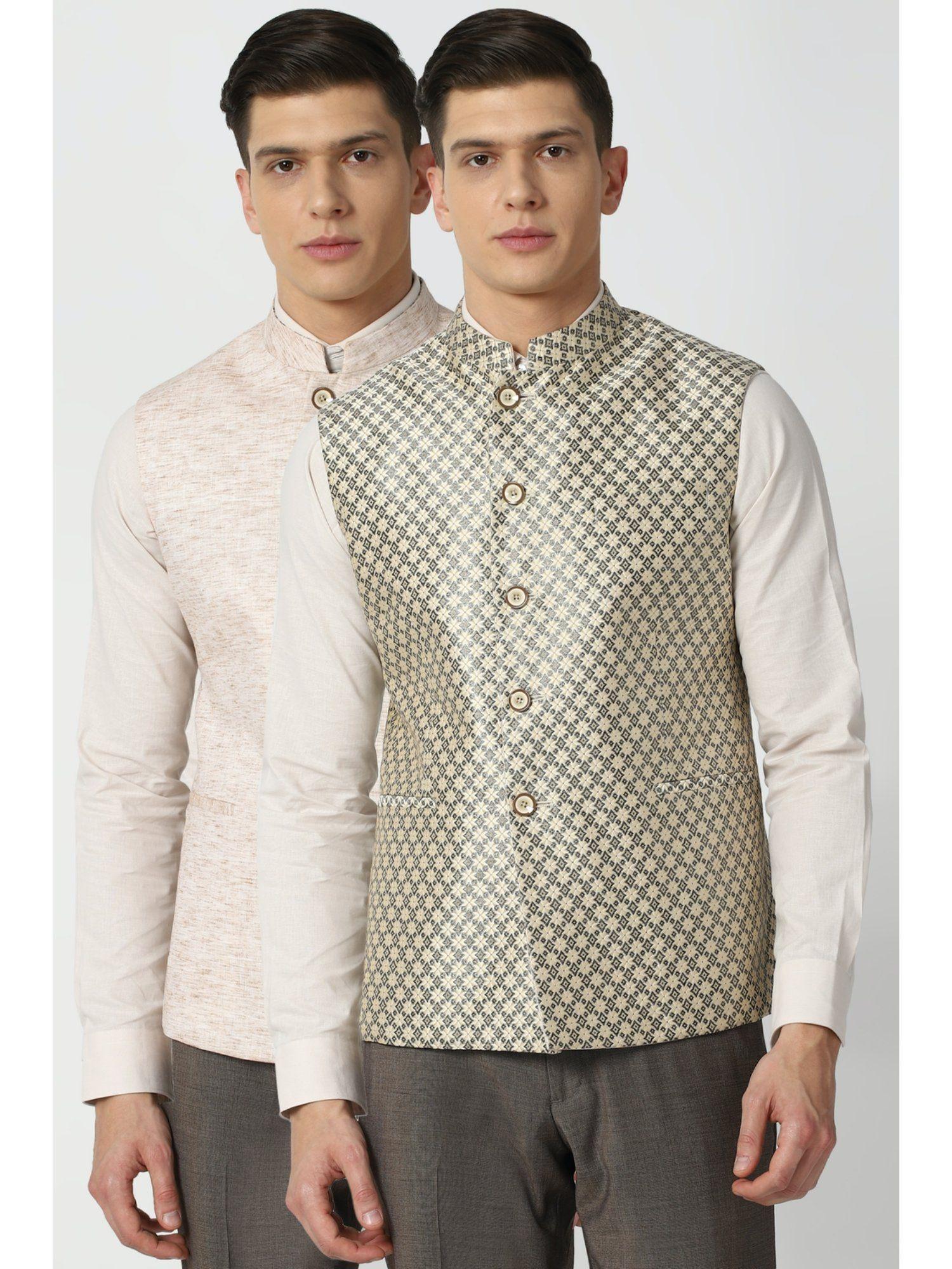 men beige reversible print party nehru jacket