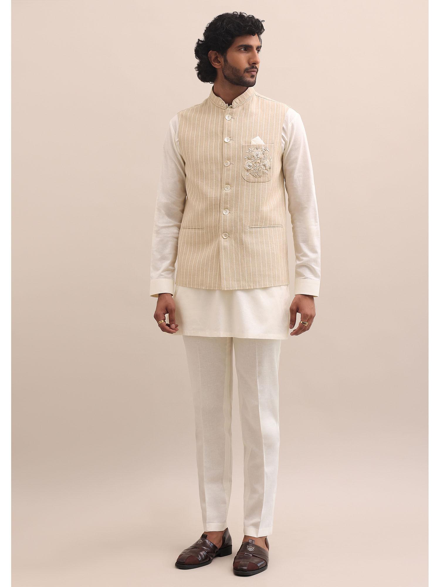 men beige silk stripes kurta with pant and nehru jacket (set of 3)