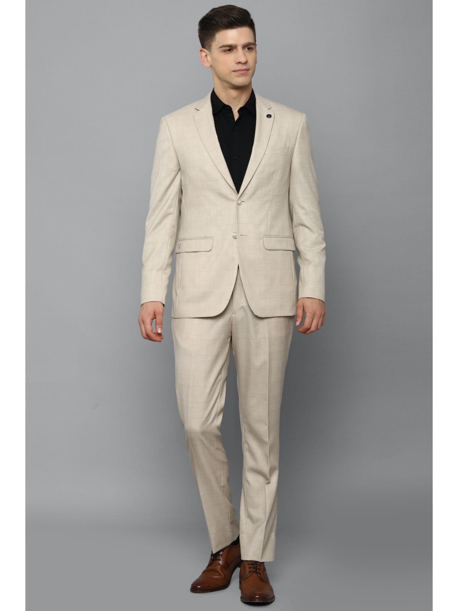 men beige slim fit check formal two piece suit (set of 2)