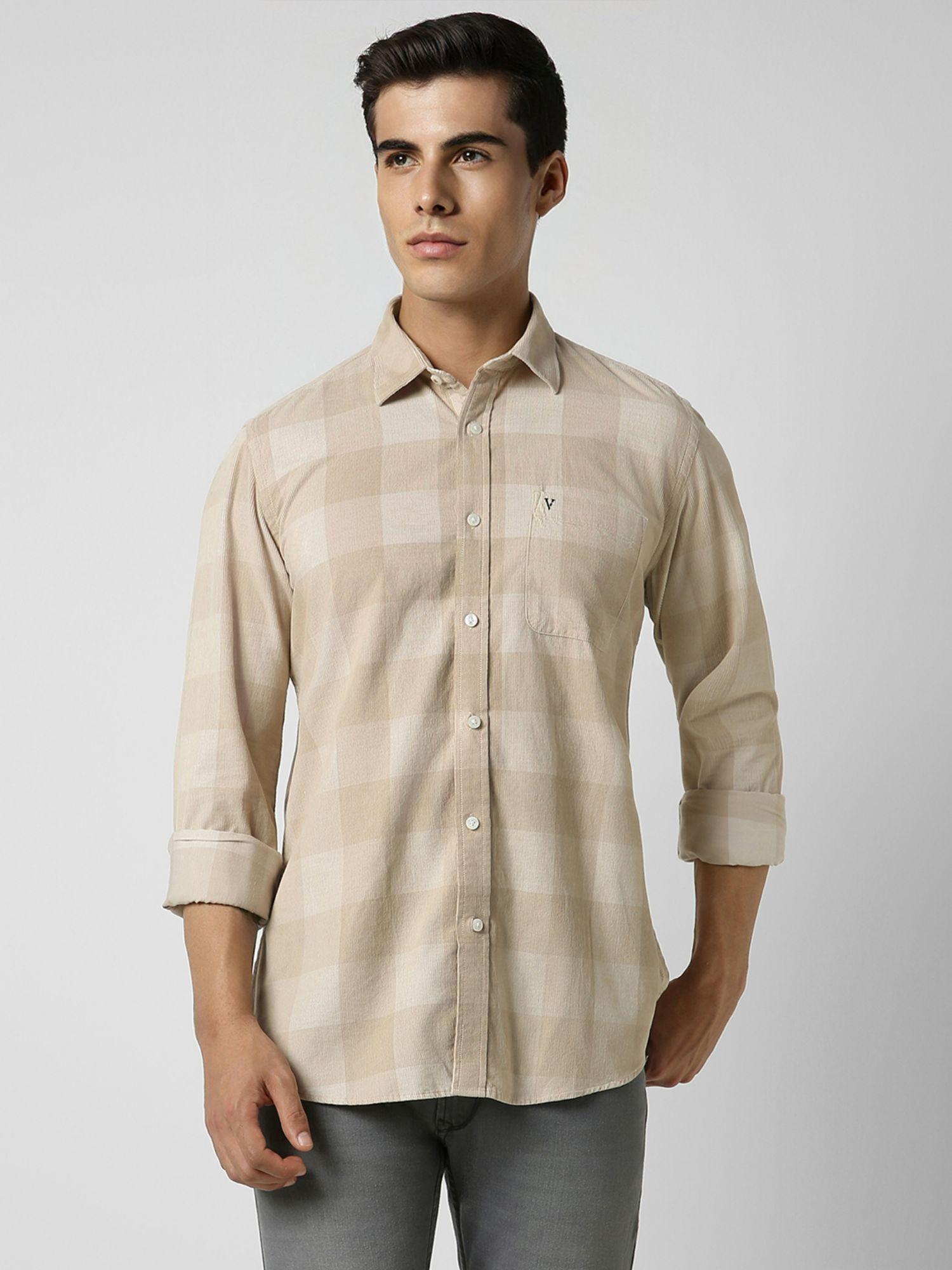 men beige slim fit checks full sleeves casual shirt