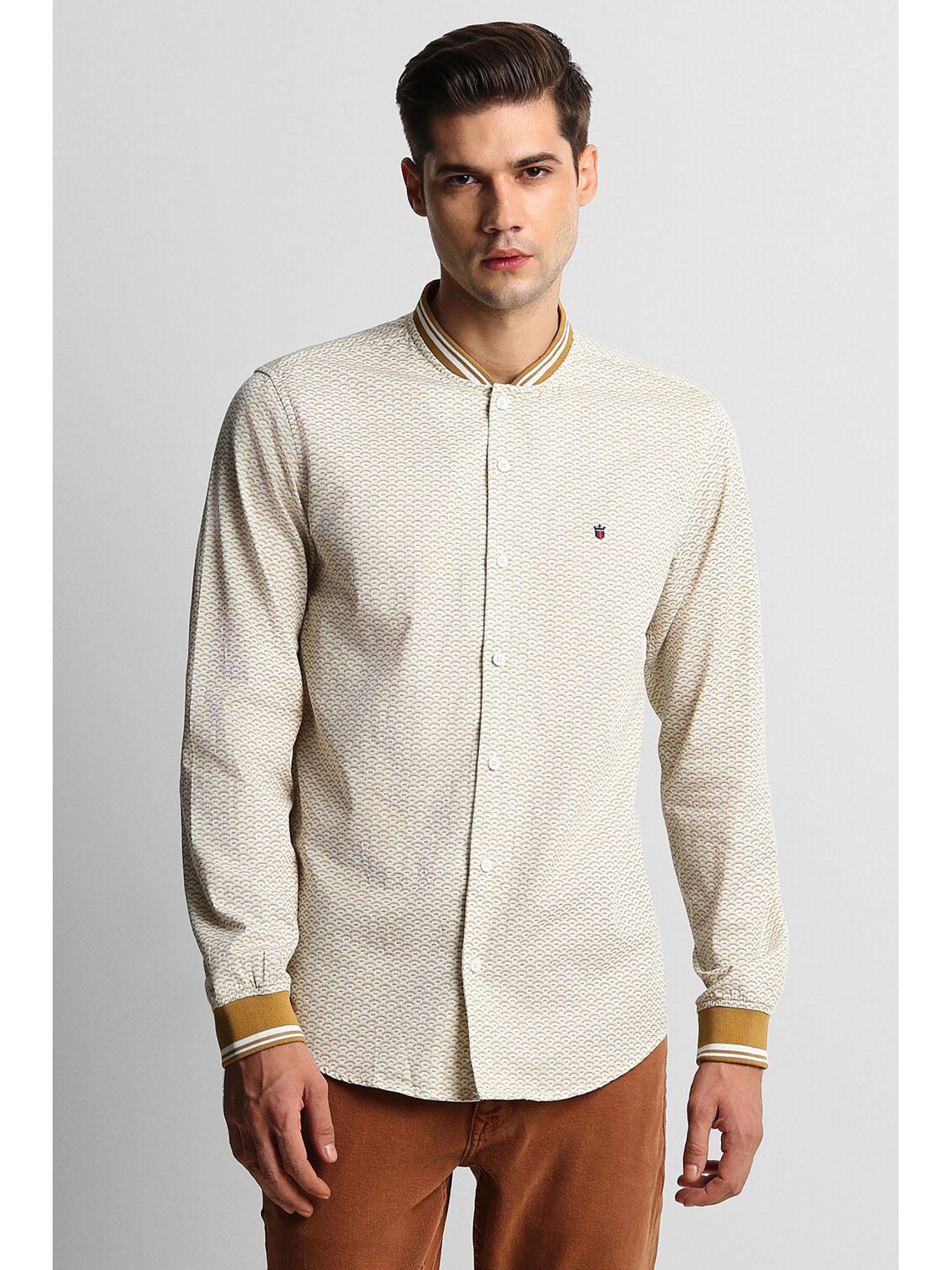 men beige slim fit print full sleeves casual shirt