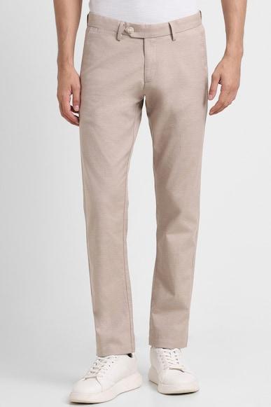 men beige slim fit solid casual trousers