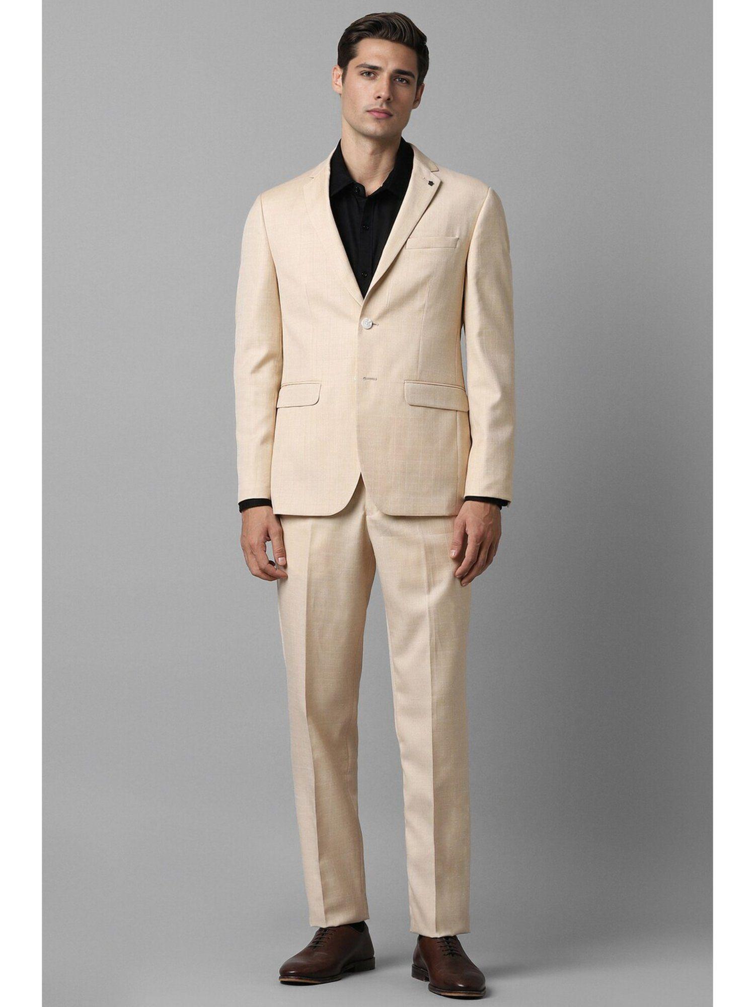men beige slim fit solid collar neck suits (set of 2)