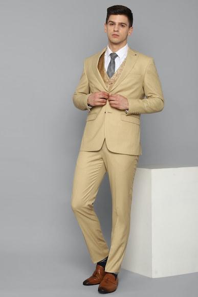 men beige slim fit solid formal three piece suit