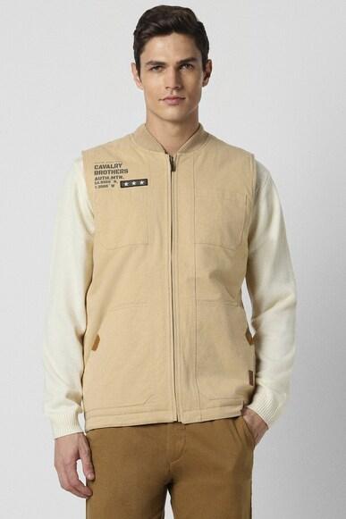 men beige solid casual jacket