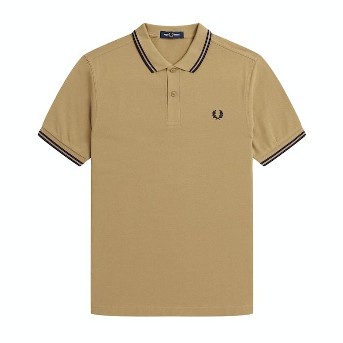 men beige solid logo polo