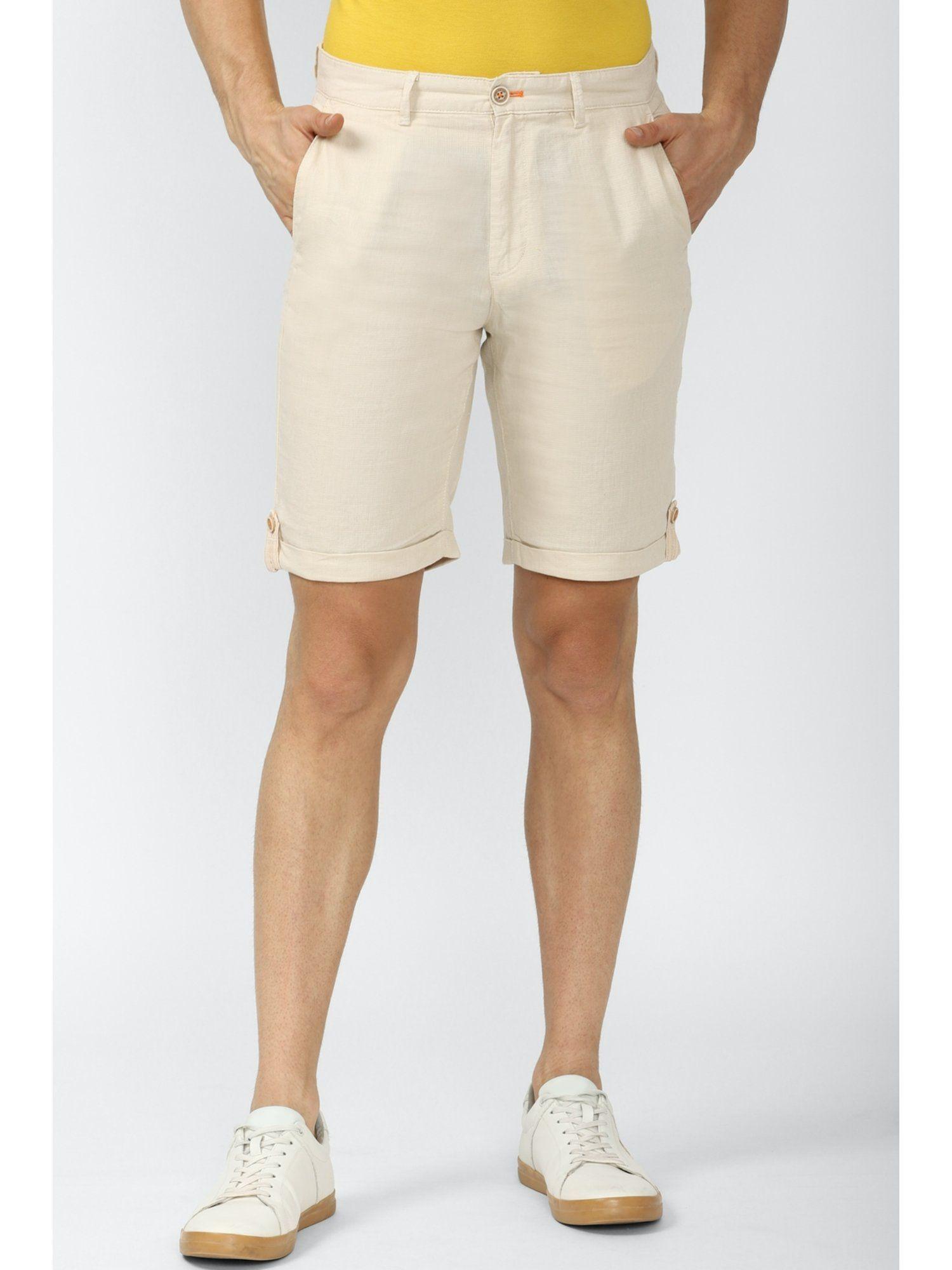 men beige solid regular fit casual shorts