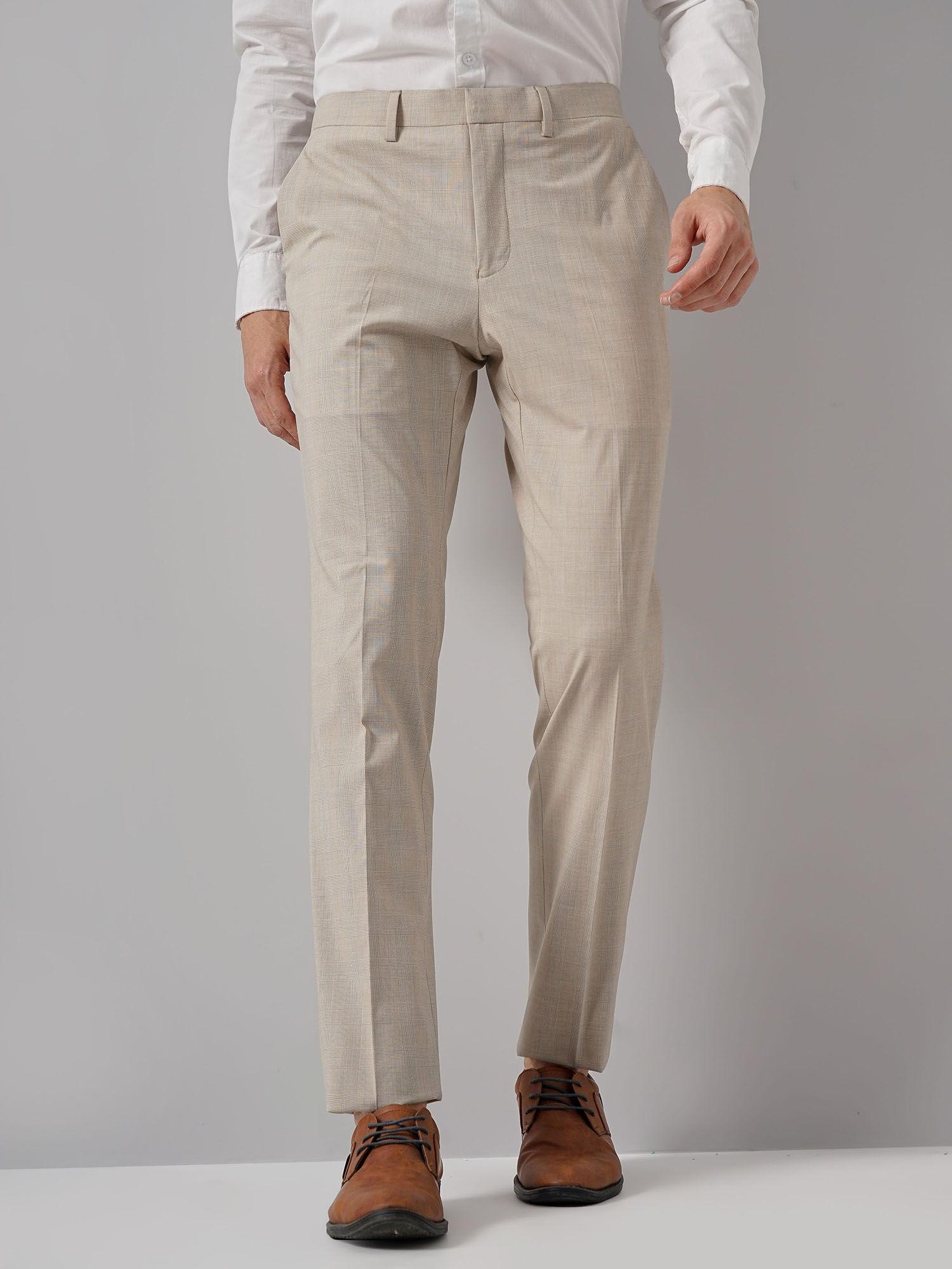 men beige solid regular fit polyester formal trouser