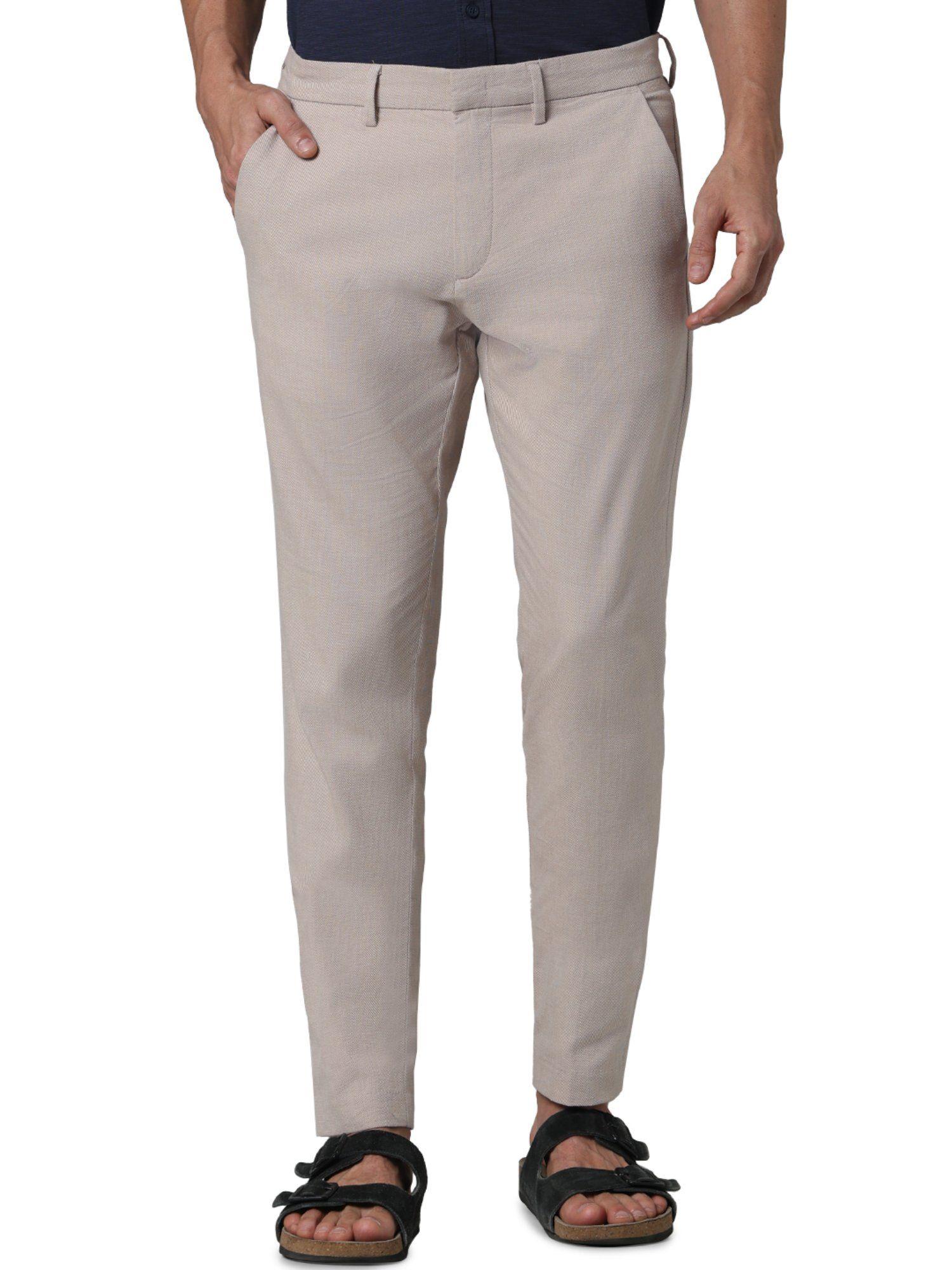 men beige solid slim fit cotton formal trousers
