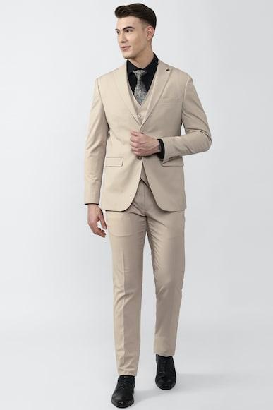 men beige solid slim fit formal three piece suit