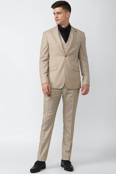 men beige solid slim fit formal three piece suit