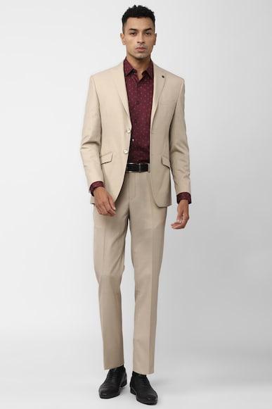 men beige solid slim fit formal two piece suit