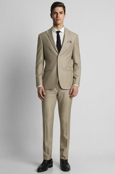 men beige solid slim fit formal two piece suit
