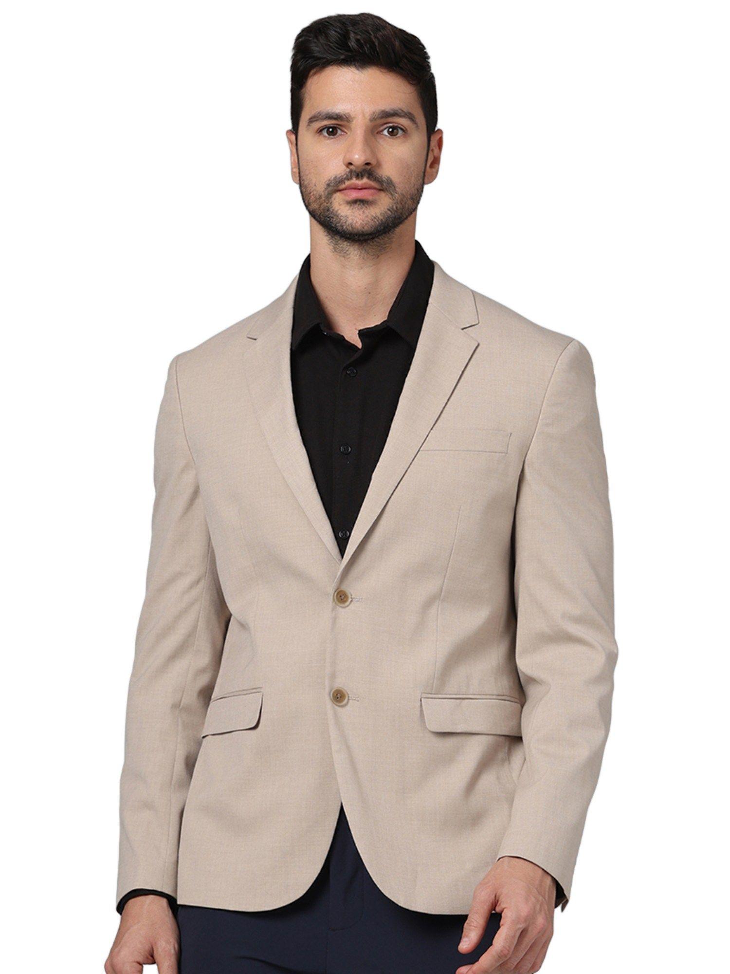 men beige solid slim fit polyester suit blazer