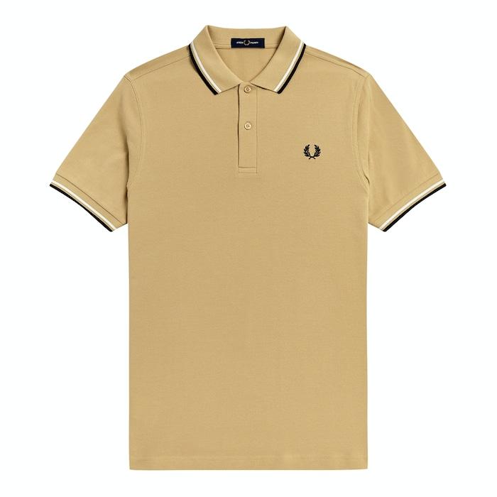 men beige solid two tonal twin-tipped logo polo