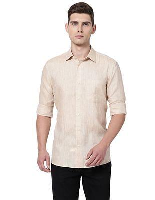 men beige spread collar solid casual shirt