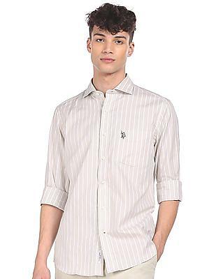 men beige spread collar striped casual shirt