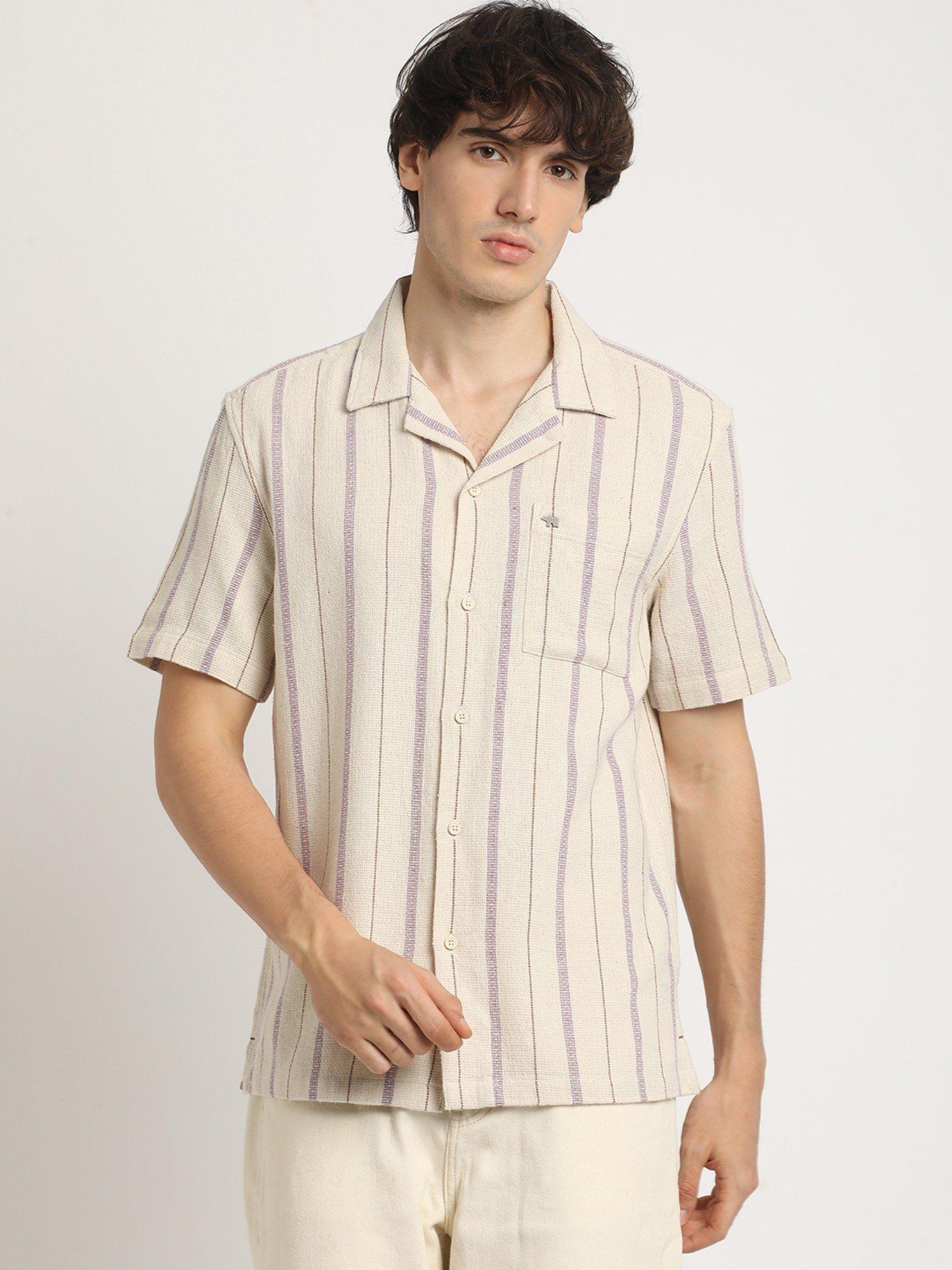 men beige stripe regular fit casual shirt