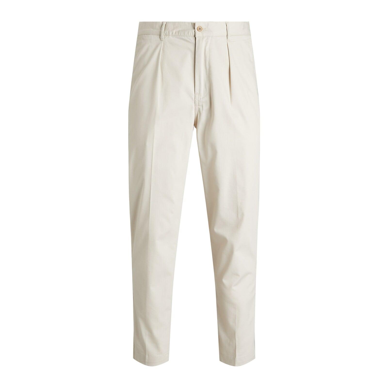 men beige tailored fit pleated stretch twill pant