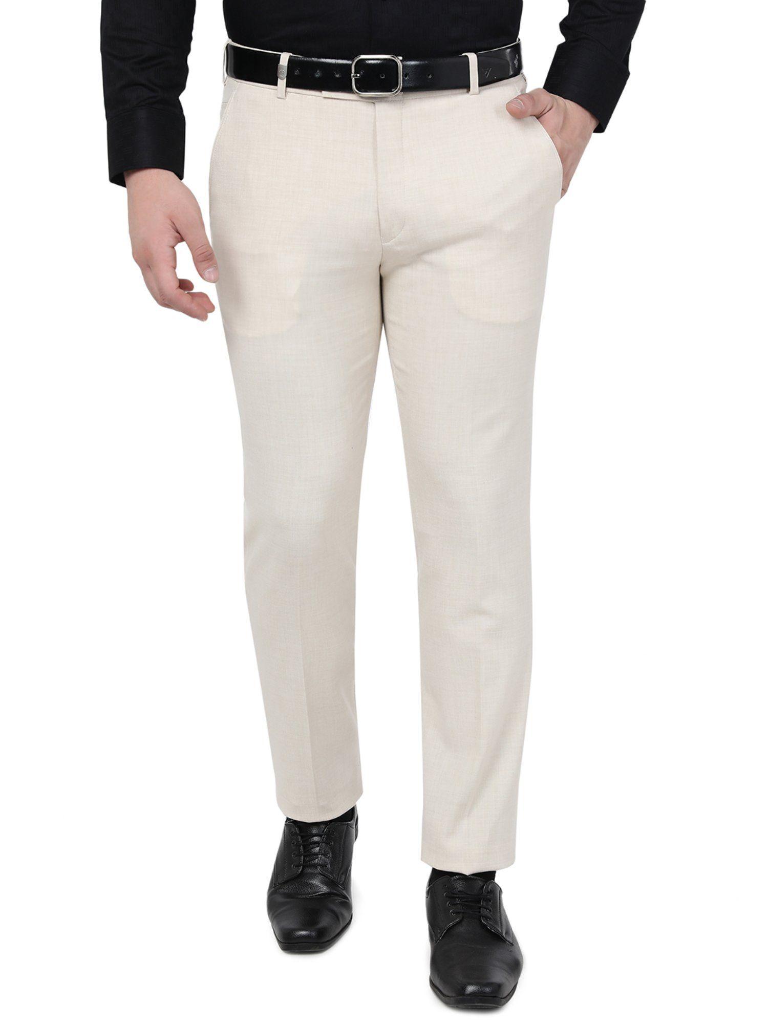men beige terry rayon slim fit solid formal trouser