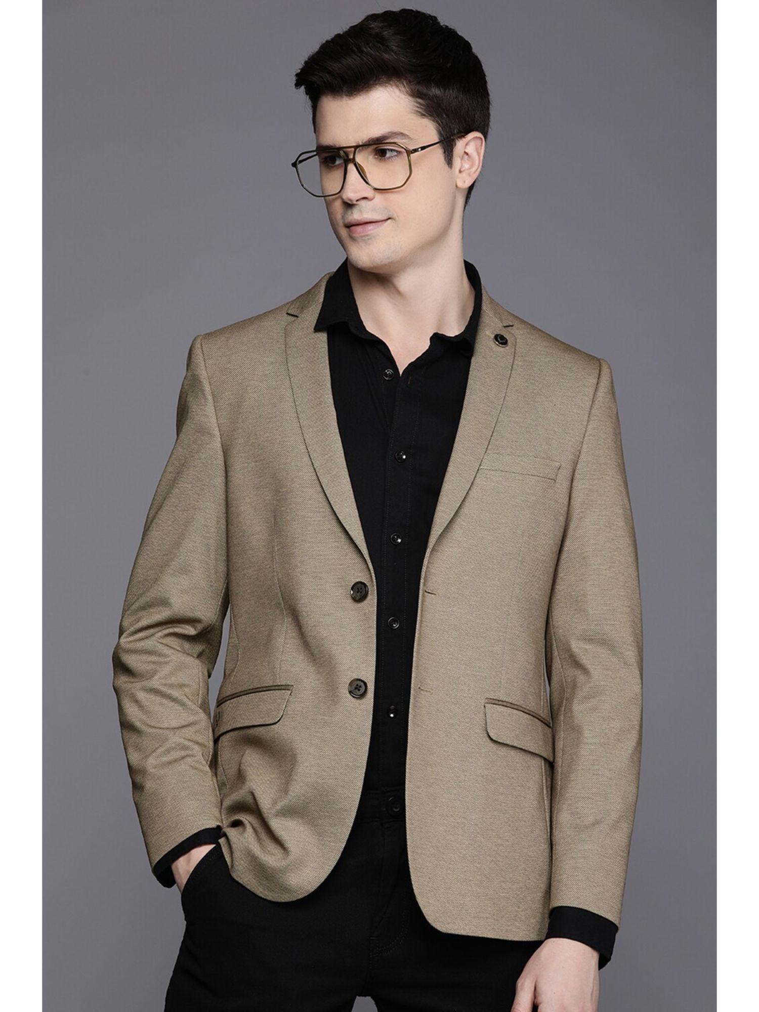 men beige textured full sleeves blazer