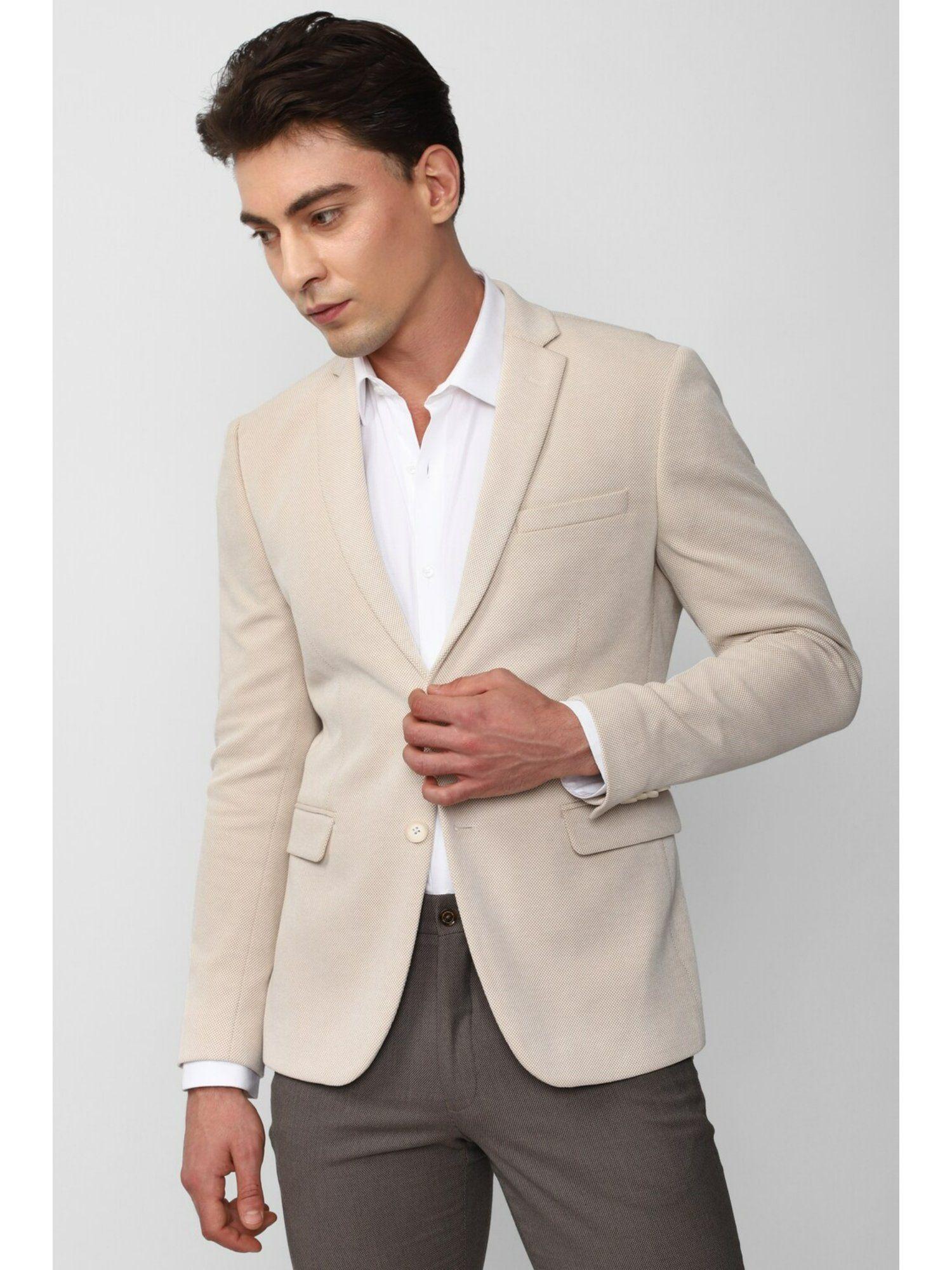 men beige textured slim fit formal blazer