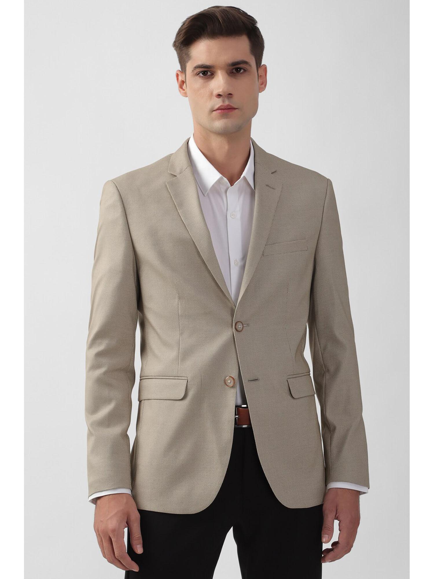 men beige textured slim fit formal blazer