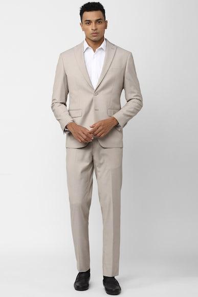 men beige textured slim fit formal two piece suit