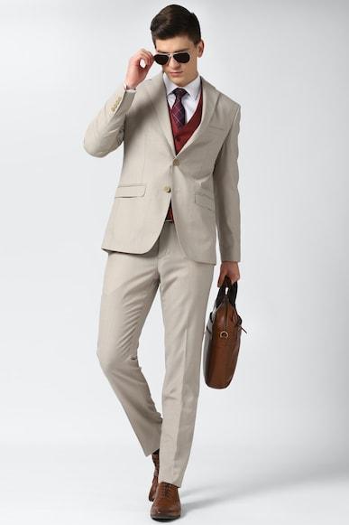men beige textured slim fit wedding three piece suit