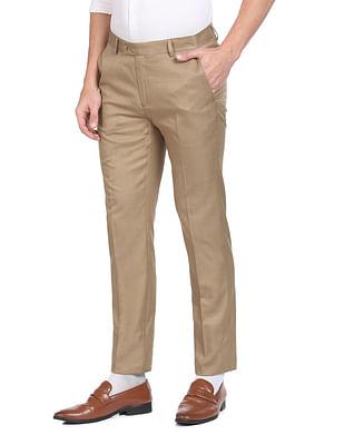 men beige twill weave windowpane check polyester formal trousers