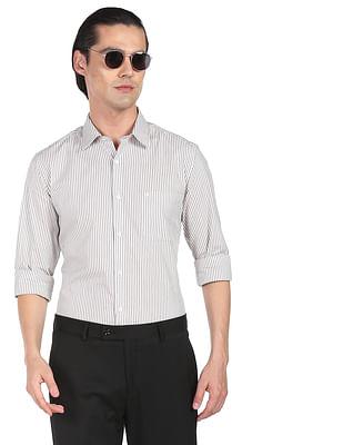 men beige vertical stripe cotton formal shirt