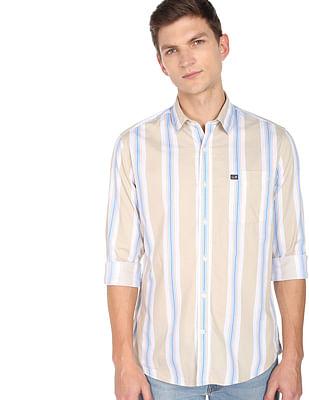 men beige vertical stripe twill weave cotton casual shirt