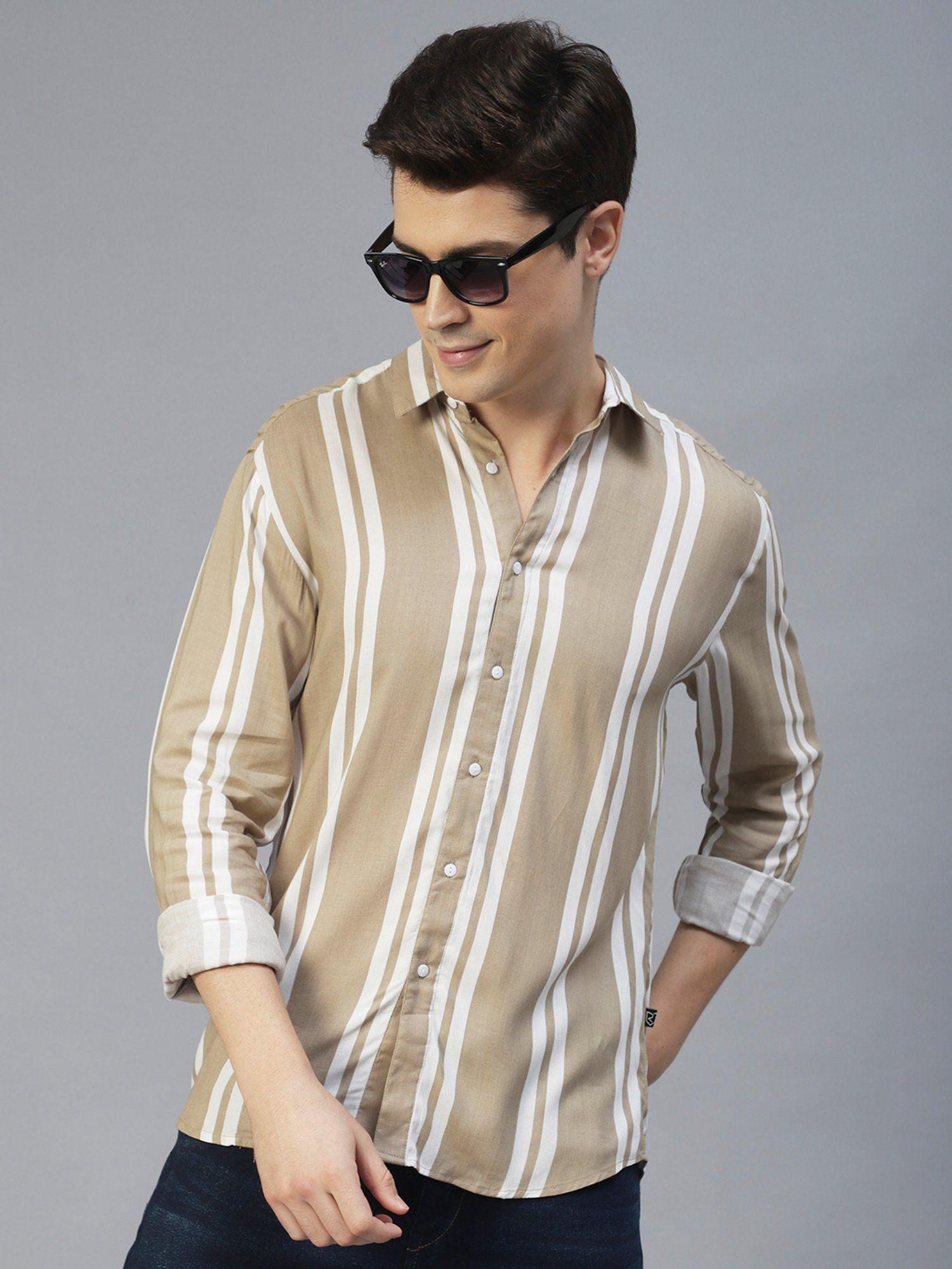 men beige vertical stripes full sleeves shirt