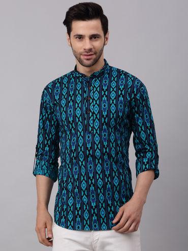 men black & blue printed cotton short kurta for men