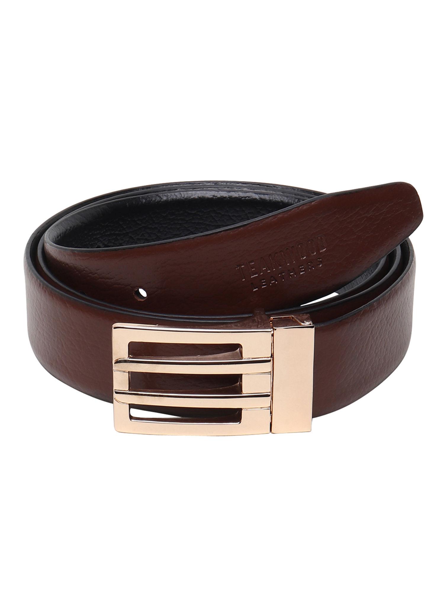 men black & brown textured leather semi formal reversible belt