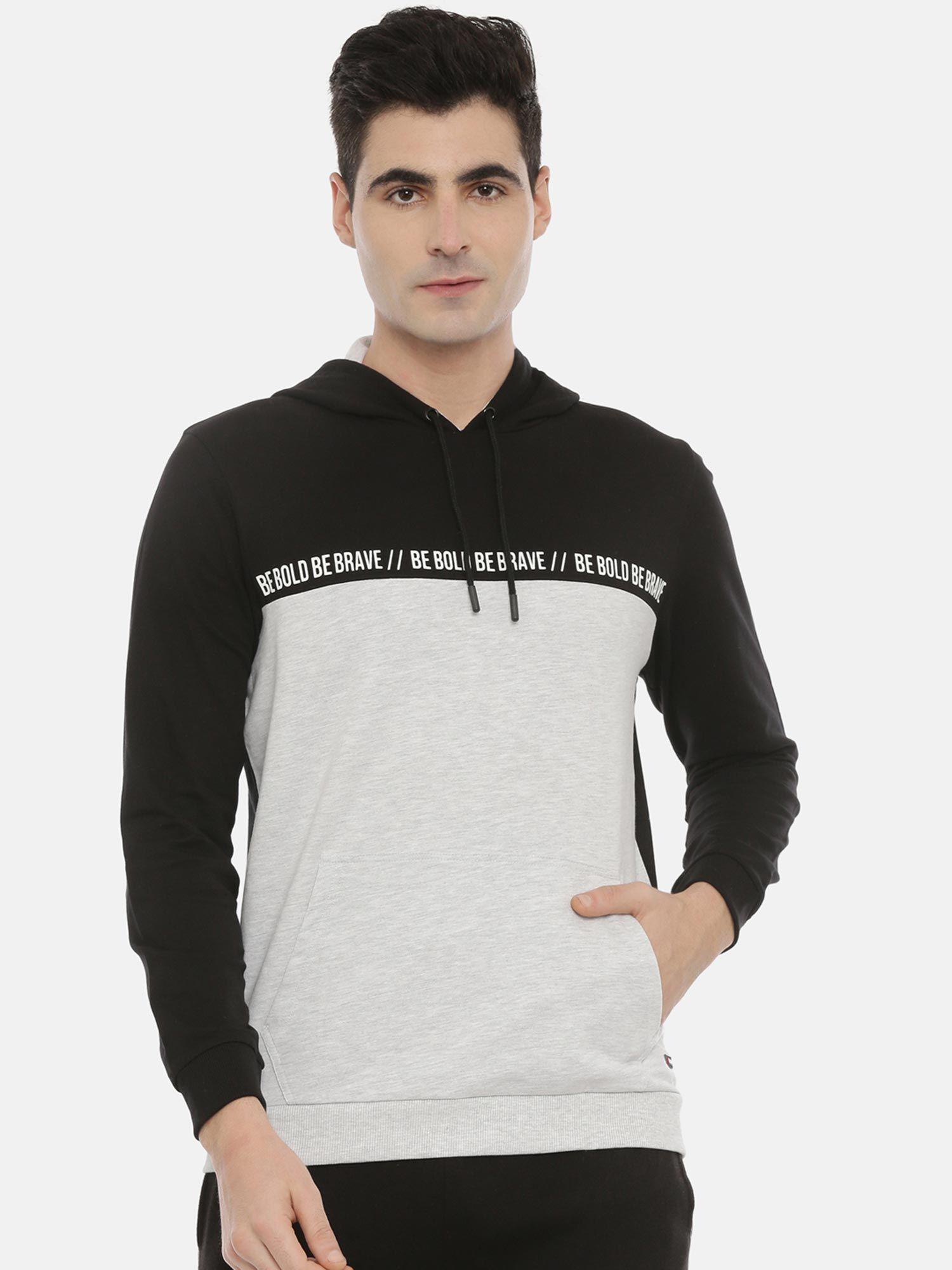 men black & grey colourblocked hooded sweatshirt
