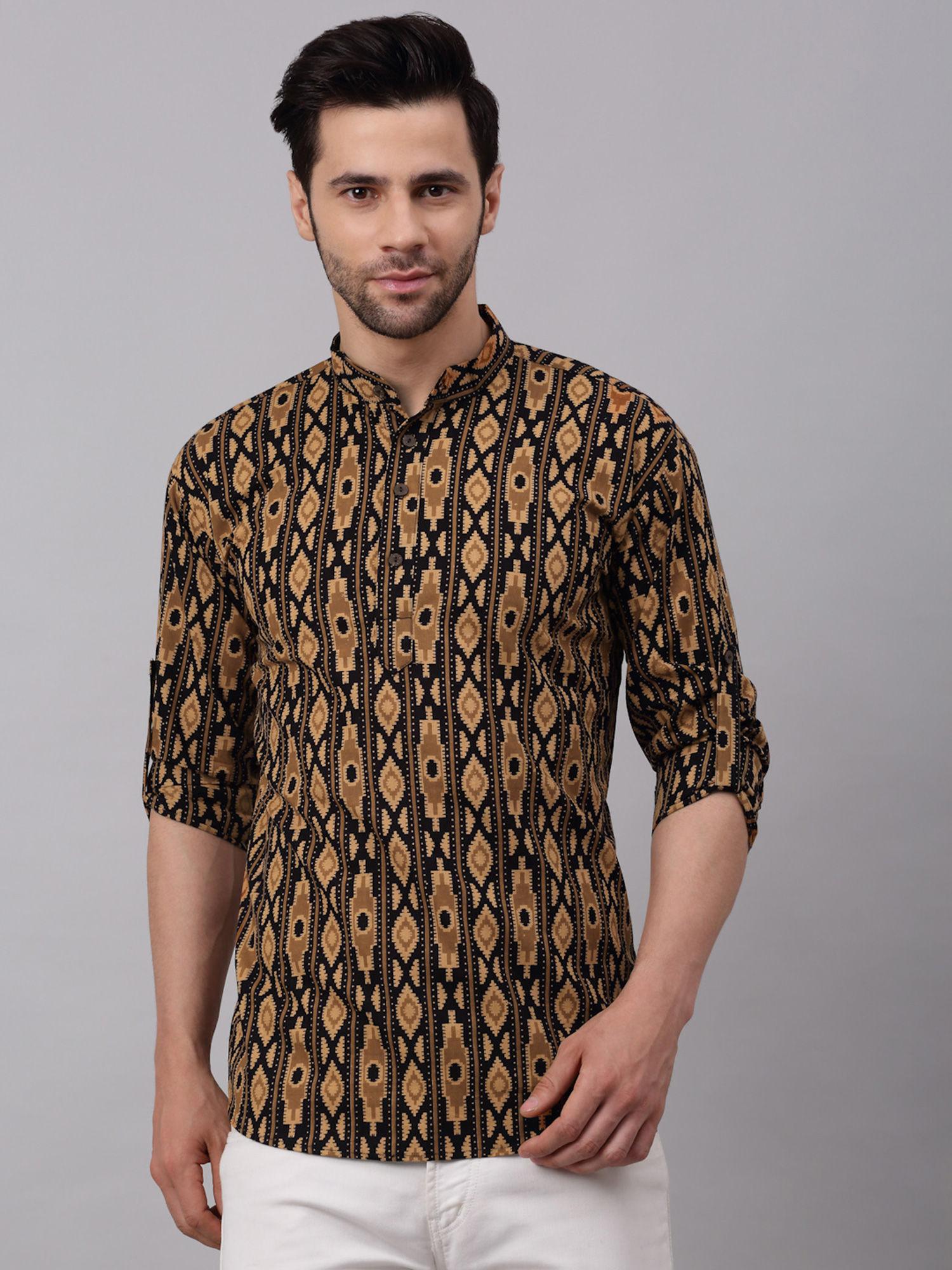 men black & yellow printed cotton short kurta for men