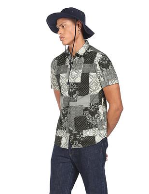 men black abstract print cotton casual shirt