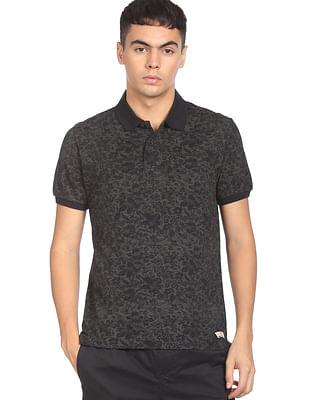 men black all over floral print cotton polo shirt