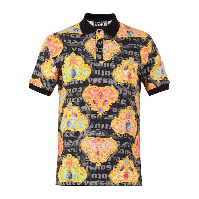 men black all-over heart baroque print polo