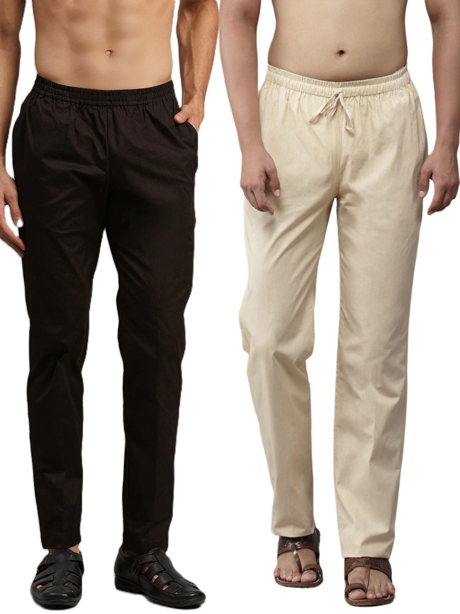men black and beige cotton solid combo pajama (pack of 2)