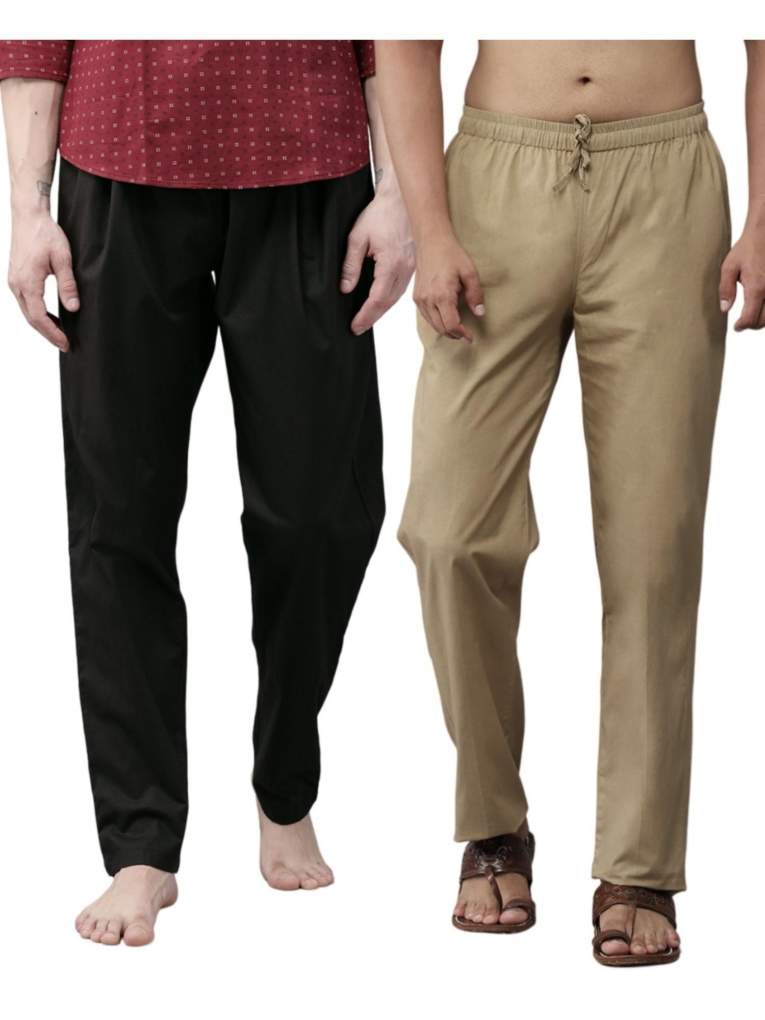 men black and brown cotton solid combo pajama (pack of 2)