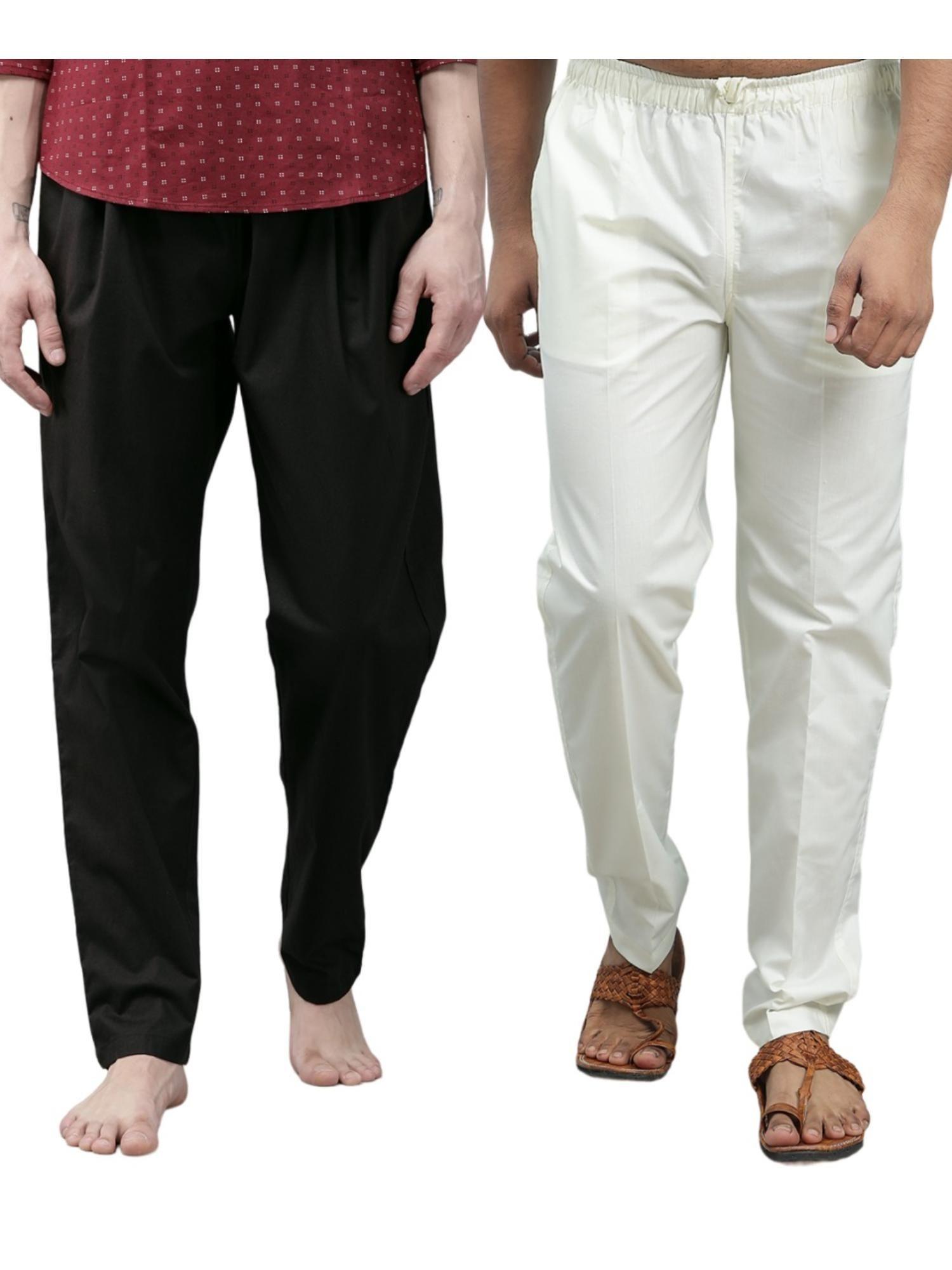men black and cream cotton solid combo pajama (pack of 2)