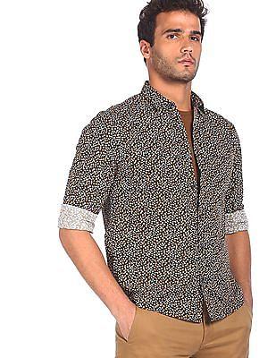 men black and mustard cotton floral print casual shirt