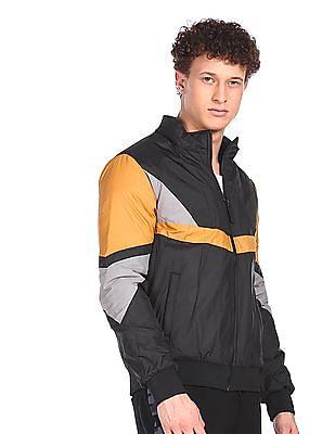 men black and mustard high neck colour block jacket