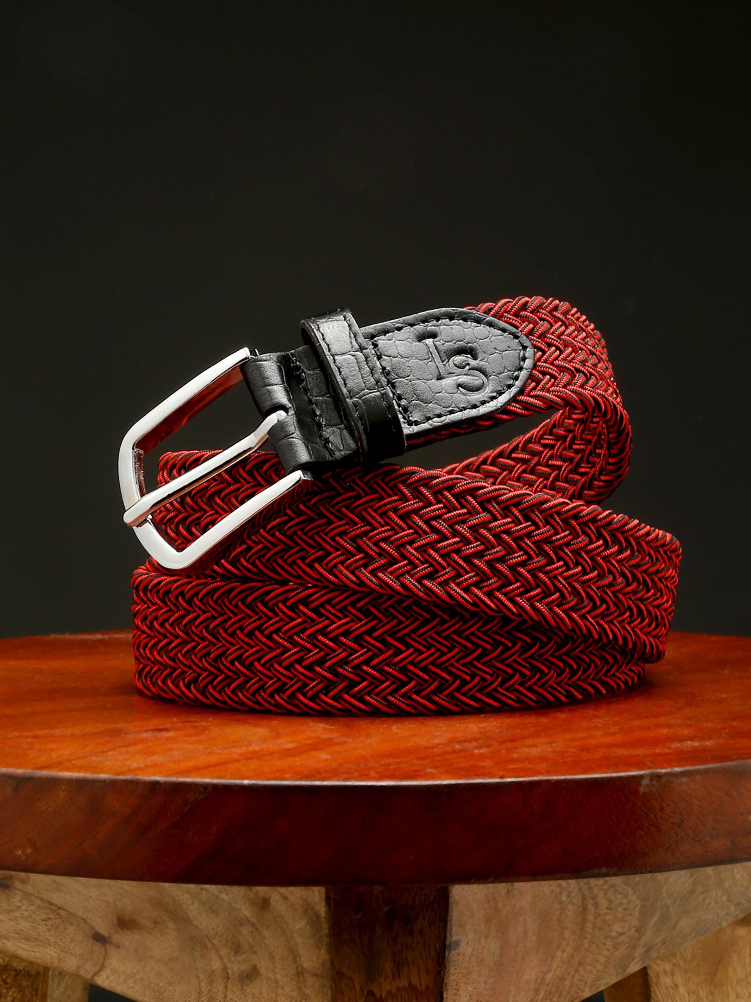 men black and red braided elastic stretch belt with leather tipped end