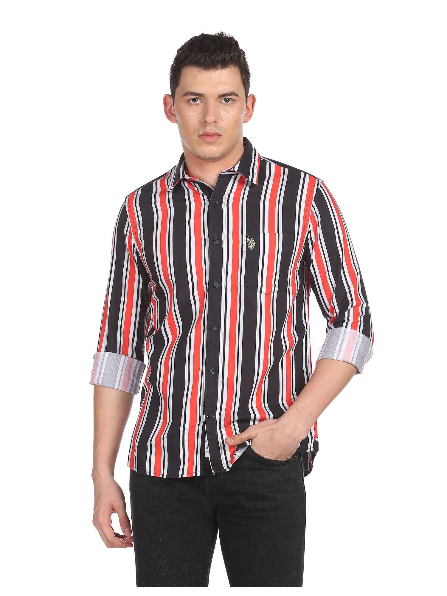 men black and red tailored regular fit striped casual shirt