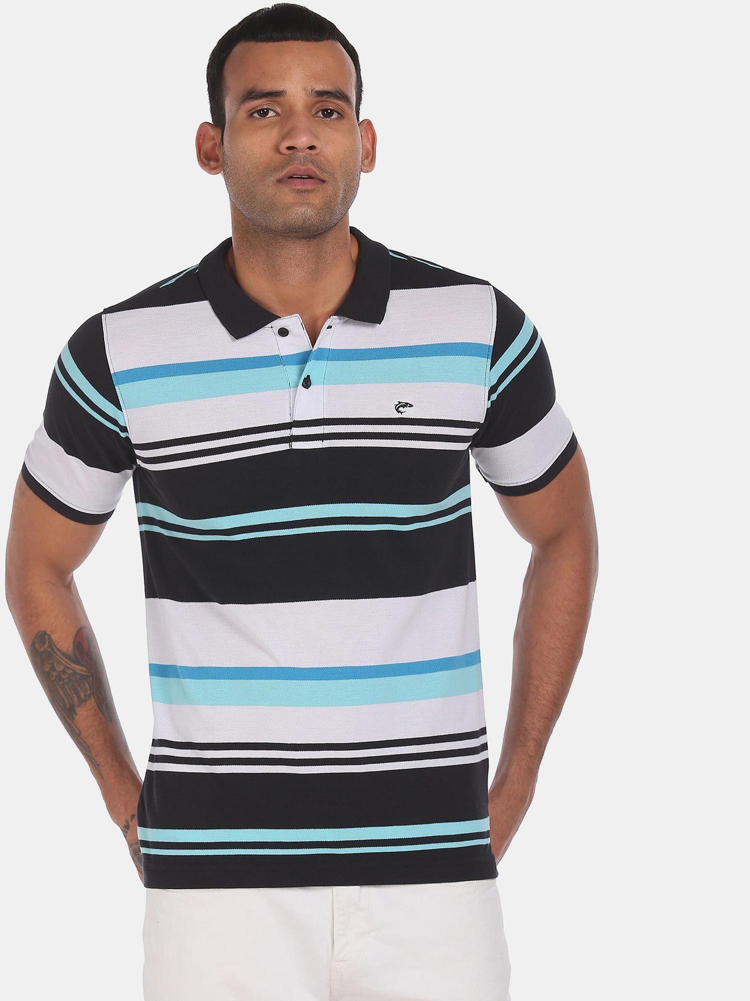 men black and white ribbed collar stripe pique polo t-shirt