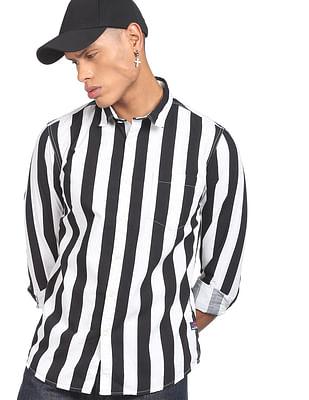 men black and white vertical stripe cotton casual shirt