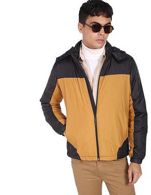 men black and yellow colourblock polyester padded jacket